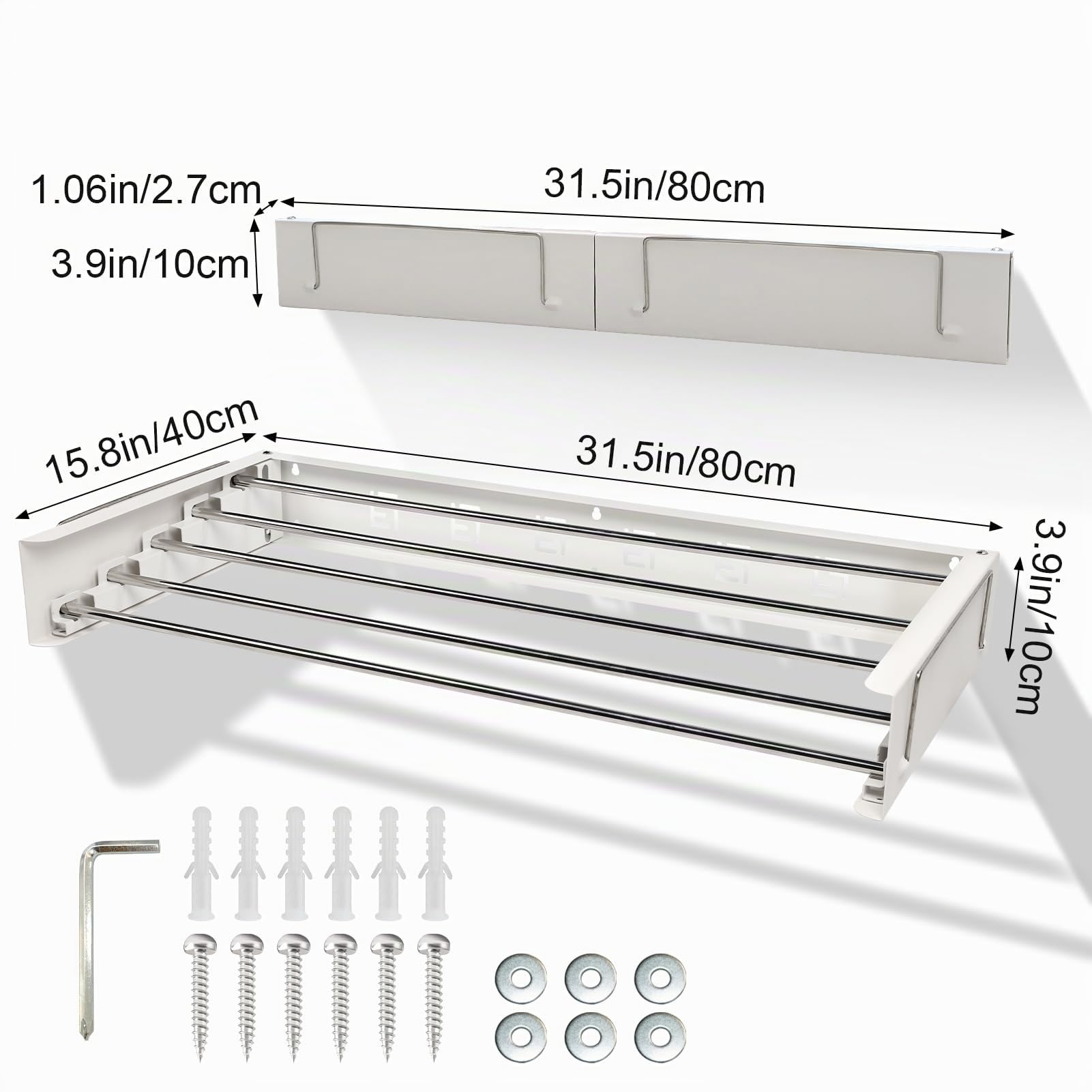 Wäscheständer Wandmontage Ausziehbar, Wäschetrockner Wand Ausziehbar, 80cm, 50kg Tragkraft, Wäscheständer Wand, Bohrer für die Organisation im Innen- und Außenbereich