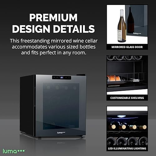 Miniatura 4 de Luma Comfort Shadow Series - Refrigerador de vino de 16 botellas, refrigerador de vino con espejo independiente con puerta de vidrio templado de