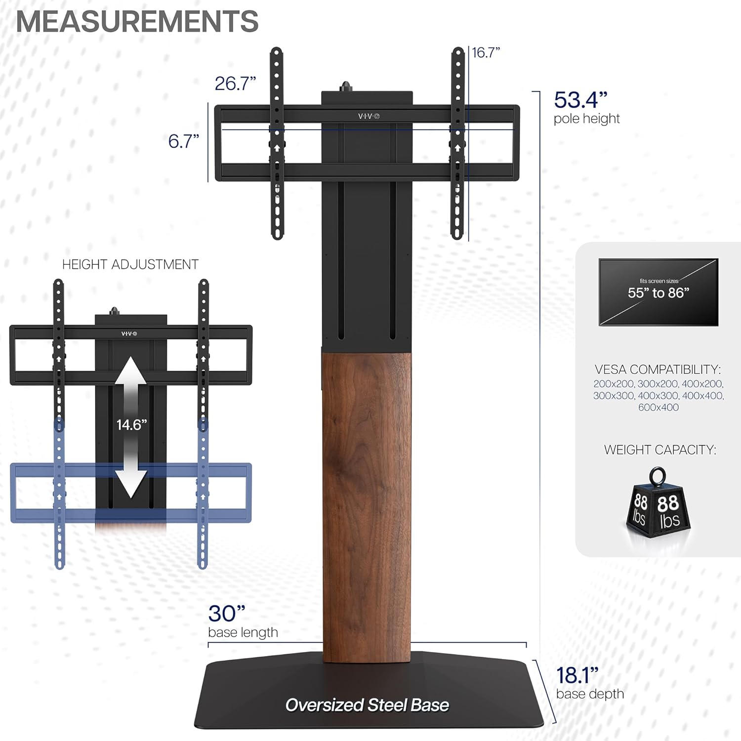 VIVO FreeLift TV Floor Stand for 55” to 86” Screens with Heavy Duty Super-Sized Base, Holds 88 lbs, Black and Dark Walnut, STAND-TV86S