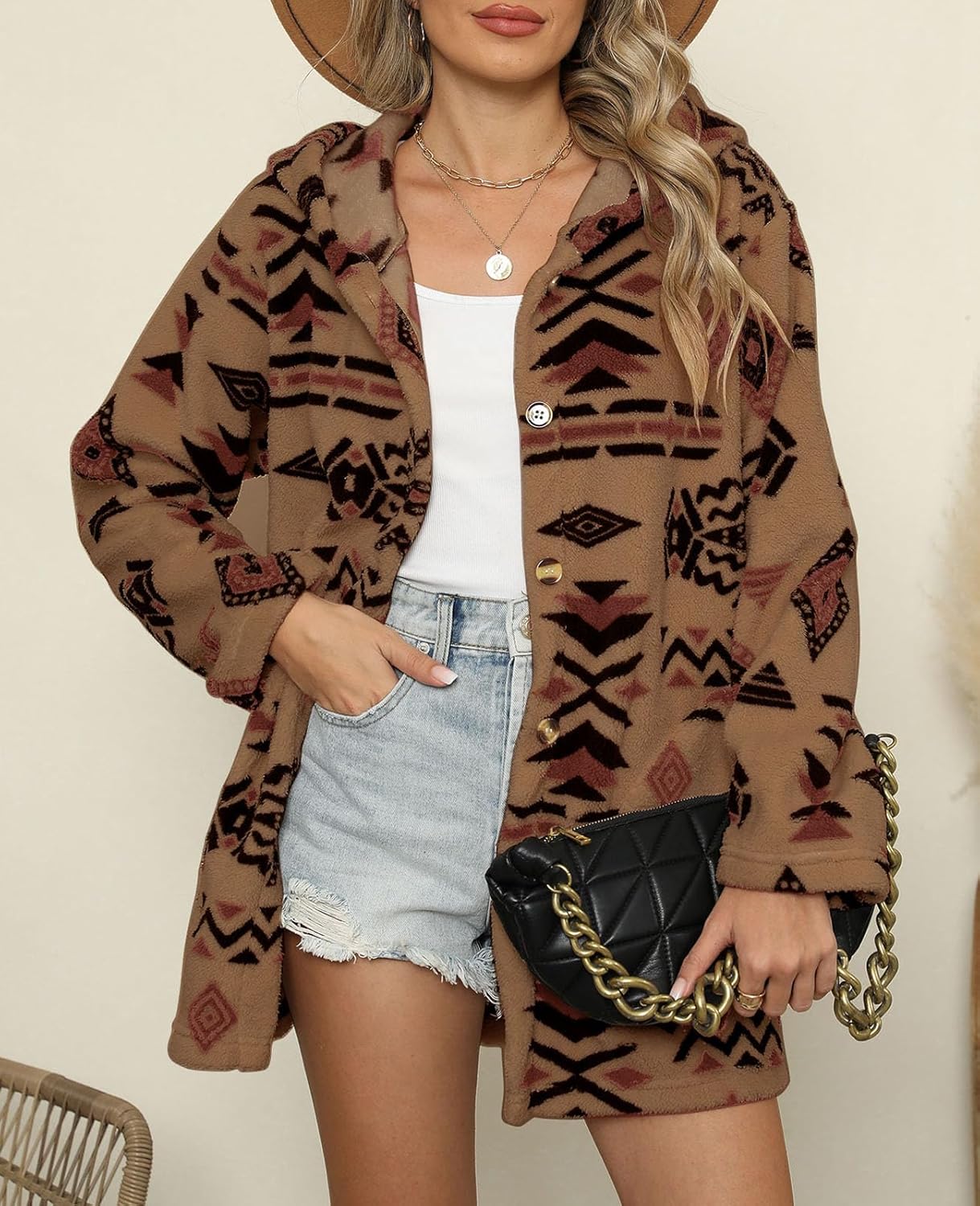 SELINK Womens Aztec Print Fleece Hoodie Jacket Button Down Shacket Casual Sherpa Coats Warm Outwear with Pockets - Image 2