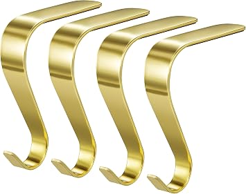 Edoneery Christmas Stocking Holders for Mantle with Silicone Anti-Slip Strips, Fireplace Mantel Stocking Hangers for Shelf, Garland Grips Hooks for Xmas & Family Party Decoration Gold, 4