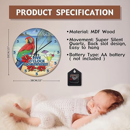 Miniatura 7 de ArogGeld Reloj de pared pintado de 5 en algún lugar, reloj de pared de madera de loro de playa, funciona con pilas, 15 pulgadas, silencioso, sin