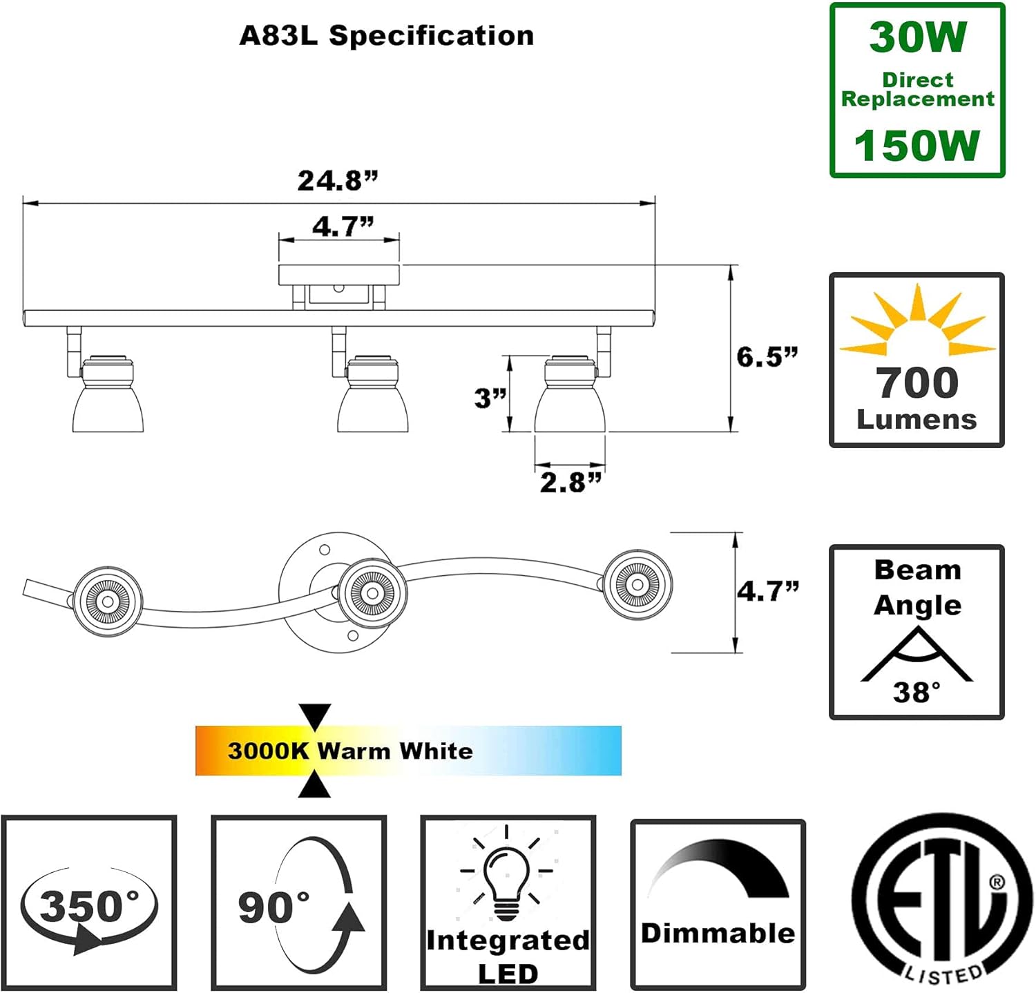 3-Light Fixed LED Track Lighting Kit Dark Bronze Finished Clear Acrylic Shades A83L-DB-CLR (Dark Bronze/Clear)