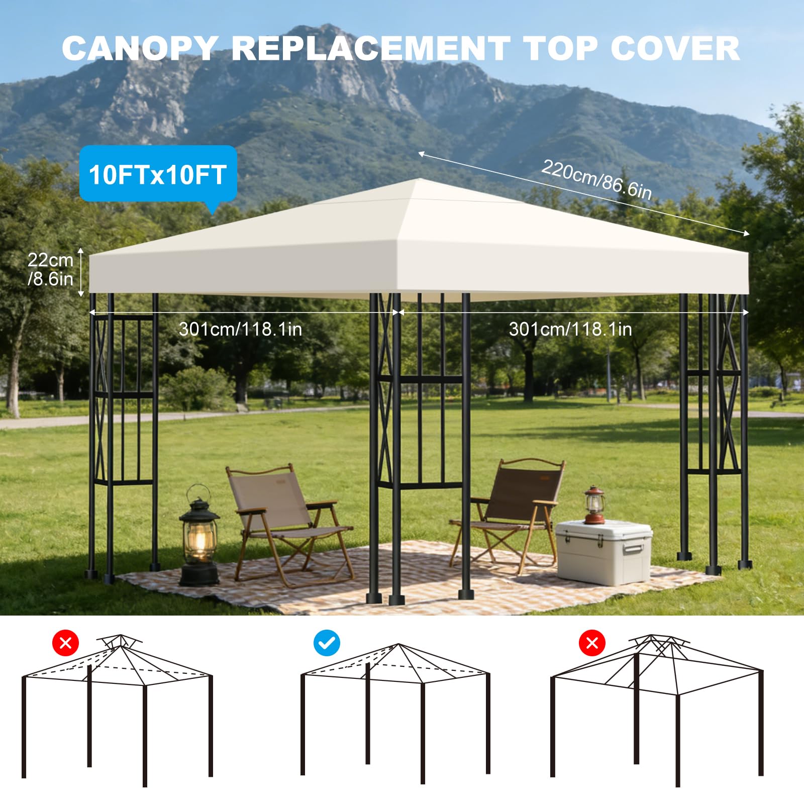 Toldo Recambio 3x3 m Pergola, Techo Repuesto para Cenador Impermeable 300D Protección UV, Funda Transpirable para Pérgola de Jardín, Reemplazo Resistente al Viento para Gazebo Exterior, Beige