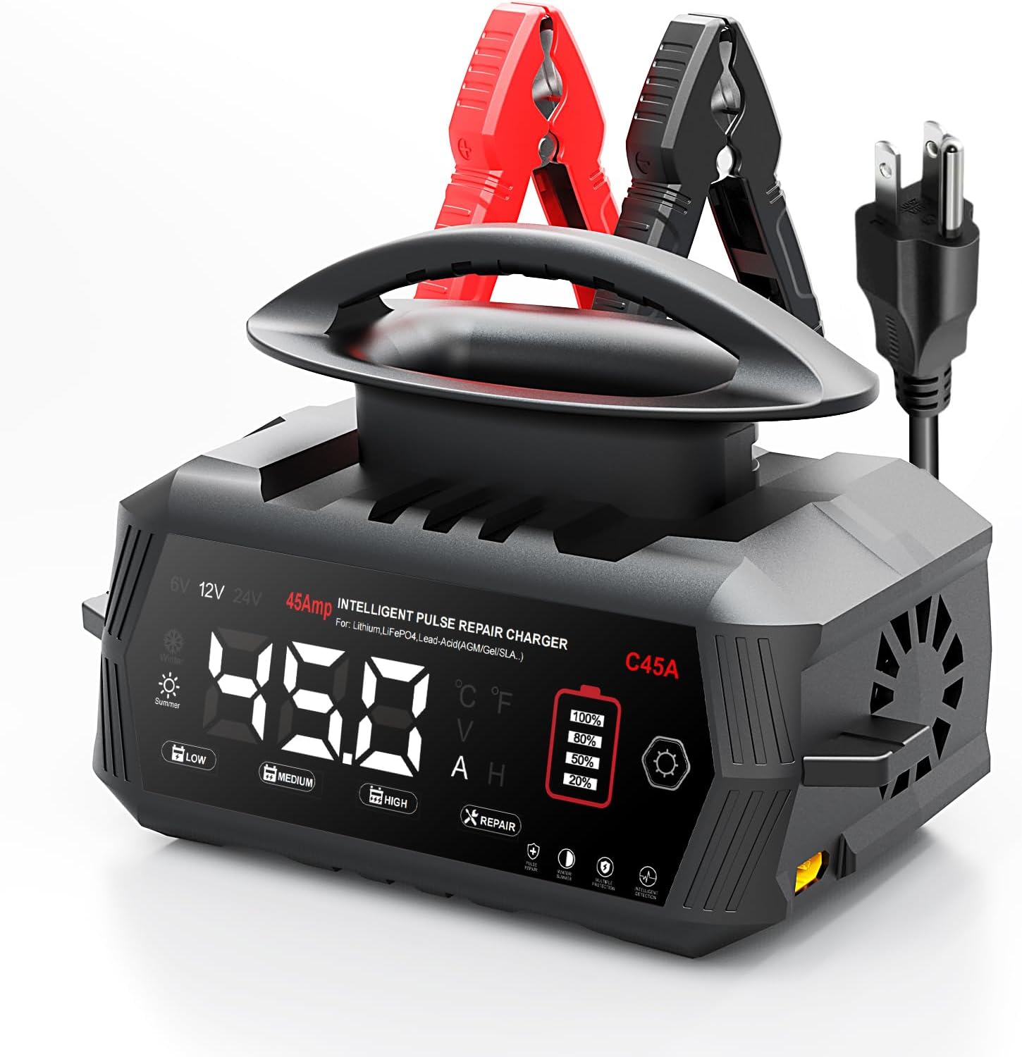 Car Battery Charger 45 Amp, 6V/12V/24V Smart Automotive Battery Charger, Battery Maintainer, Trickle Charger for Lead-Acid, Lithium, LiFePo4 Battery, Car, Motorcycle, Boat