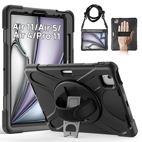 Gerutek Hülle für iPad Air 11 Zoll M4/M3/M2 (2026/2025/2024), iPad Air 5./4. Gen 10,9" 2022/2020, iPad Pro 11 Zoll (4./3./2./1.Gen), Stoßfeste Hülle mit Drehbar Stände,Schultergurt Stifthalter,Schwarz