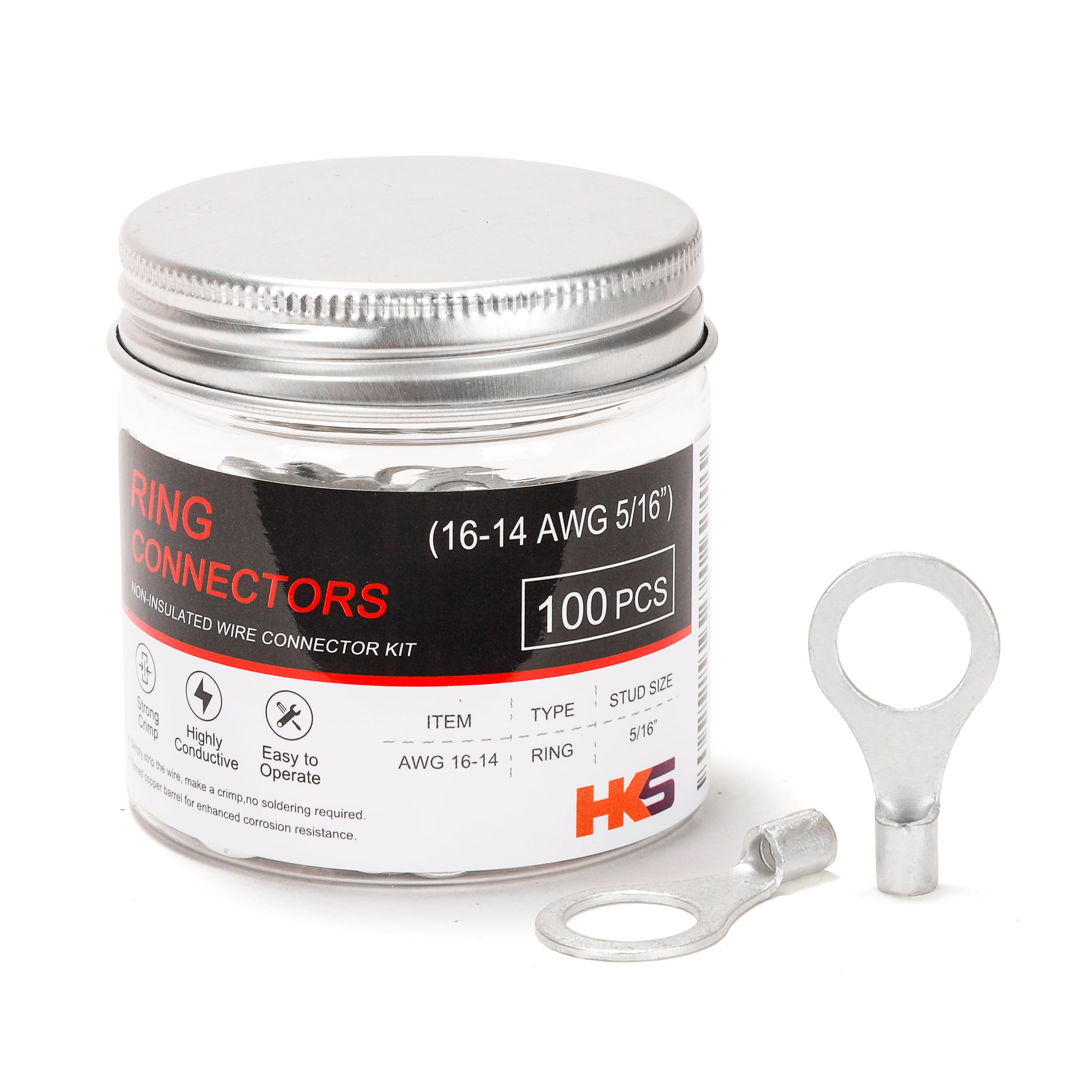 HKS 100PCS Non-Insulated Ring Terminals, 5/16” Stud, AWG 16-14 (1.5-2.5mm²) Tinned Red Copper Crimp Connectors, M8 Bolt Size, Uninsulated Wire Lugs
