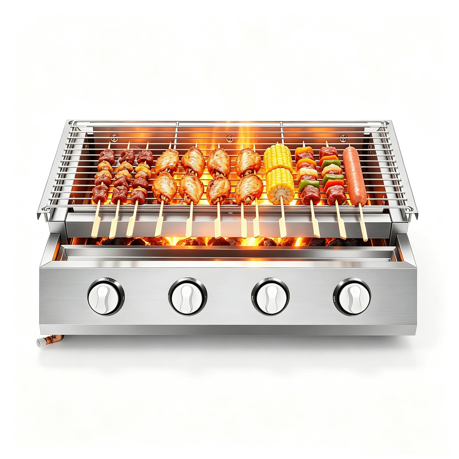 Barbacoa de gas de mesa con 4 quemadores, acero inoxidable, 4 focos, 2800 Pa, asador de gas con rejilla extraíble, bandeja recogegrasa, 4 patas de 55,8 x 23,2 cm para balcón, jardín y terraza