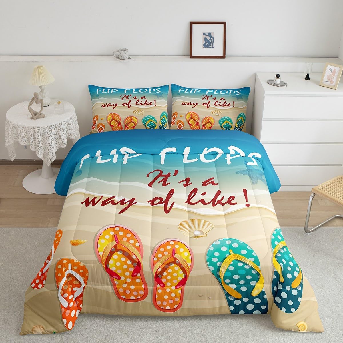 Beach Comforter Set Queen Size Watercolor Flip Flops Bedding Set 3pcs for Kids Boys Teens Girls Room Decor Ocean Beach Holiday Quilted Duvet Romantic Hawaii Style Duvet Insert,2 Pillowcases