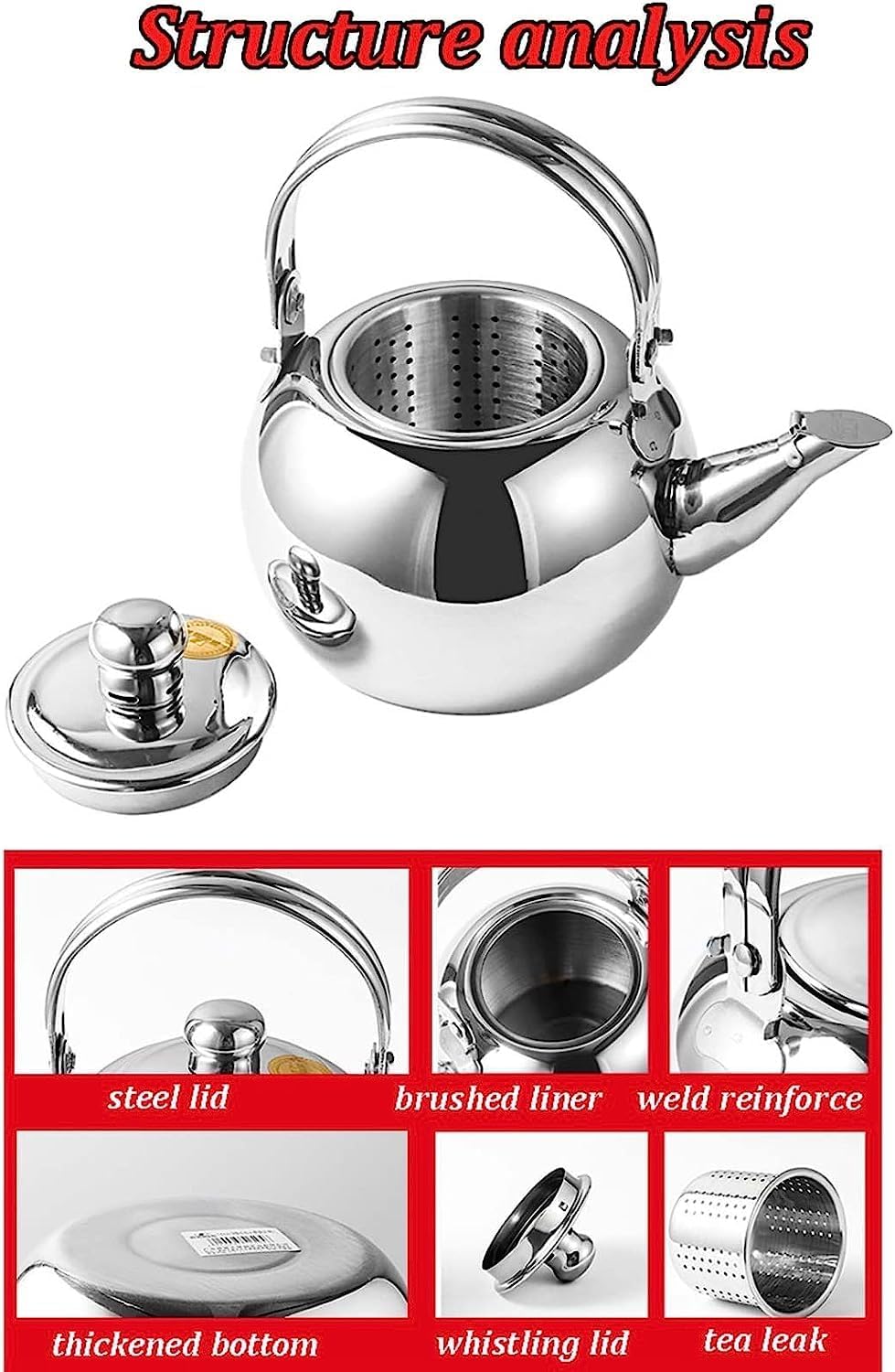 Stove Top Kettle Stainless Steel Whistling Kettle Small Kettle Teapot for Kitchen Gas Stove Induction Cooker Stovetop Kettle Kitchen,Steel-2L