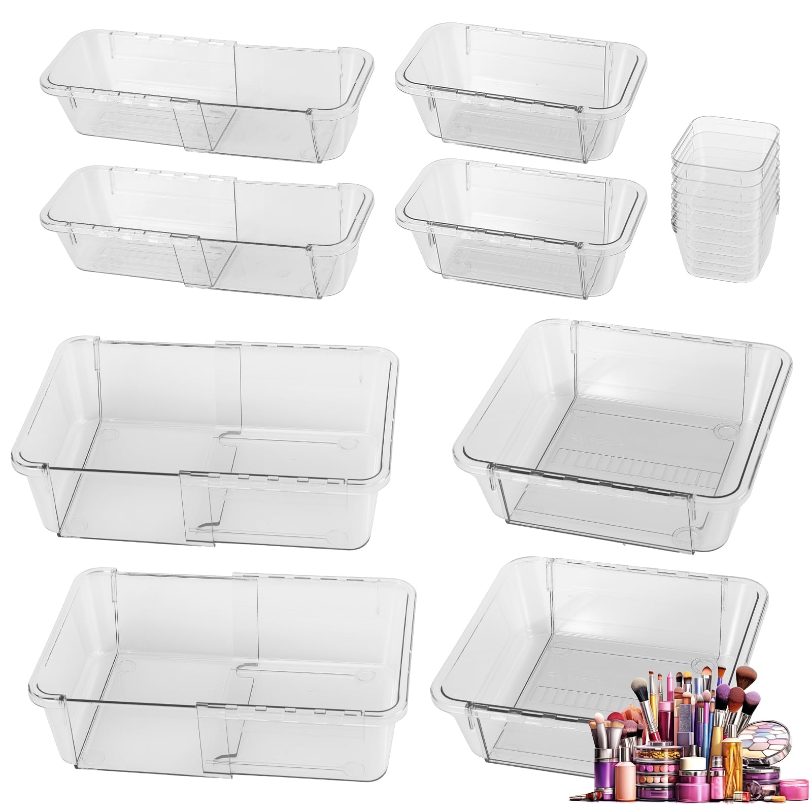 14Pcs Clear Extendable Drawer Organizer,Adjustable Drawer Storage Box,3-Size Desk Drawer Organizer,Acrylic Storage Bins for Makeup,Cosmetic,Kitchen Utensils,Bedroom Dressers Tool Organizer for Gadgets