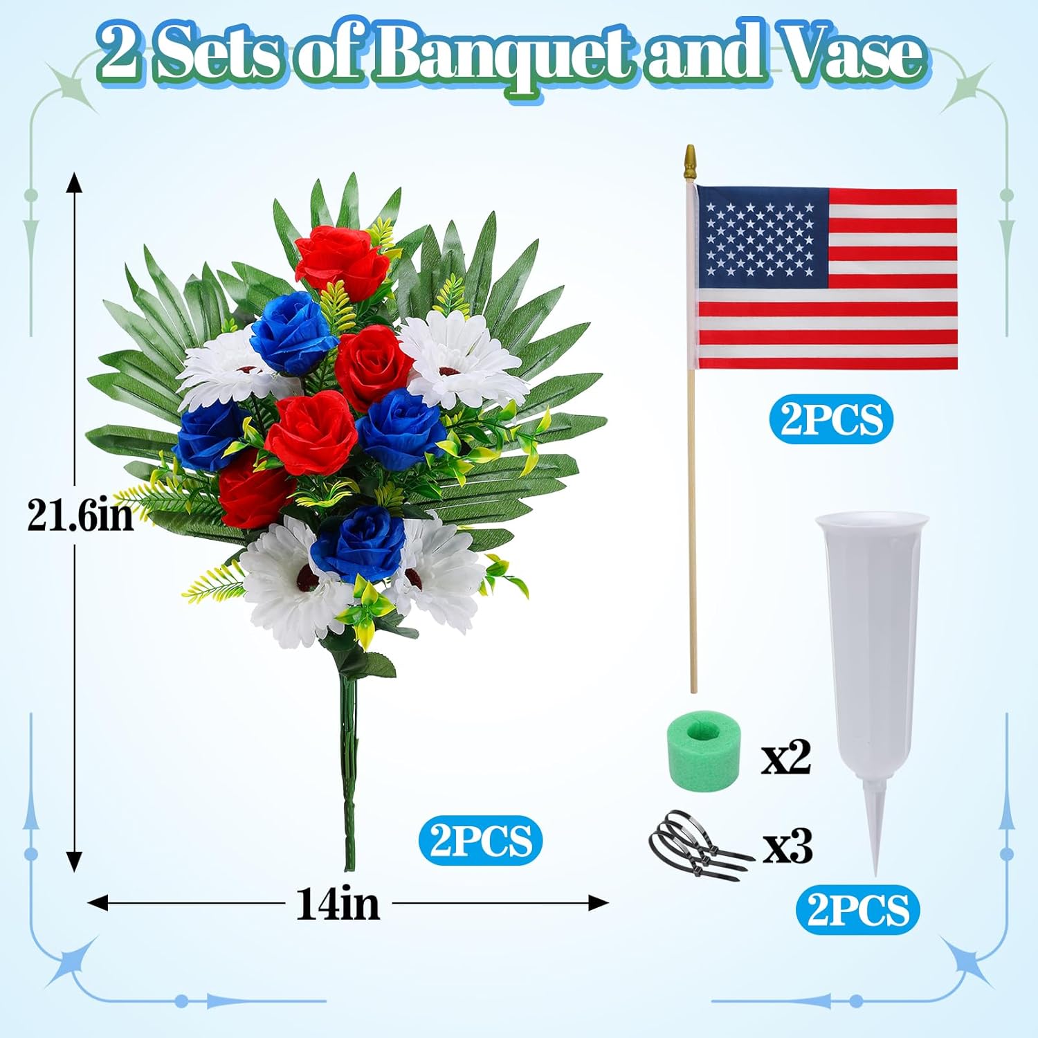 Memorial Day Cemetery Flowers for Grave - Red White Blue Bouquet with American Flags & Vase, Grave Decorations for Veterans Cemetery Headstones Decors, 2 Pack