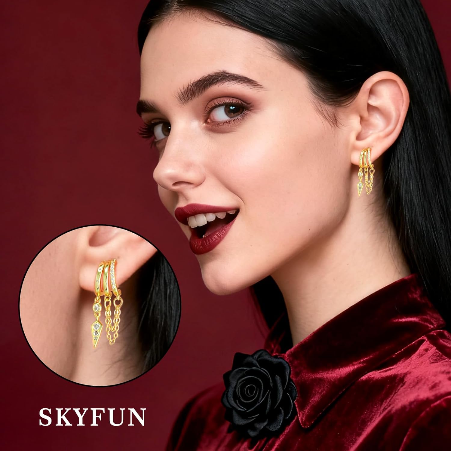 Gold Goth Earrings for Women Dainty Triple Huggie Chain Earrings Cute Small CZ Gothic Drop Dangle Earring Jewelry - Image 2