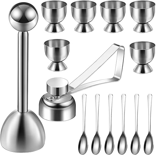 Juego de 14 tazas de huevo, soporte para huevos hervidos, abridor de huevos de acero inoxidable, cuchara de huevos para herramienta de cocina