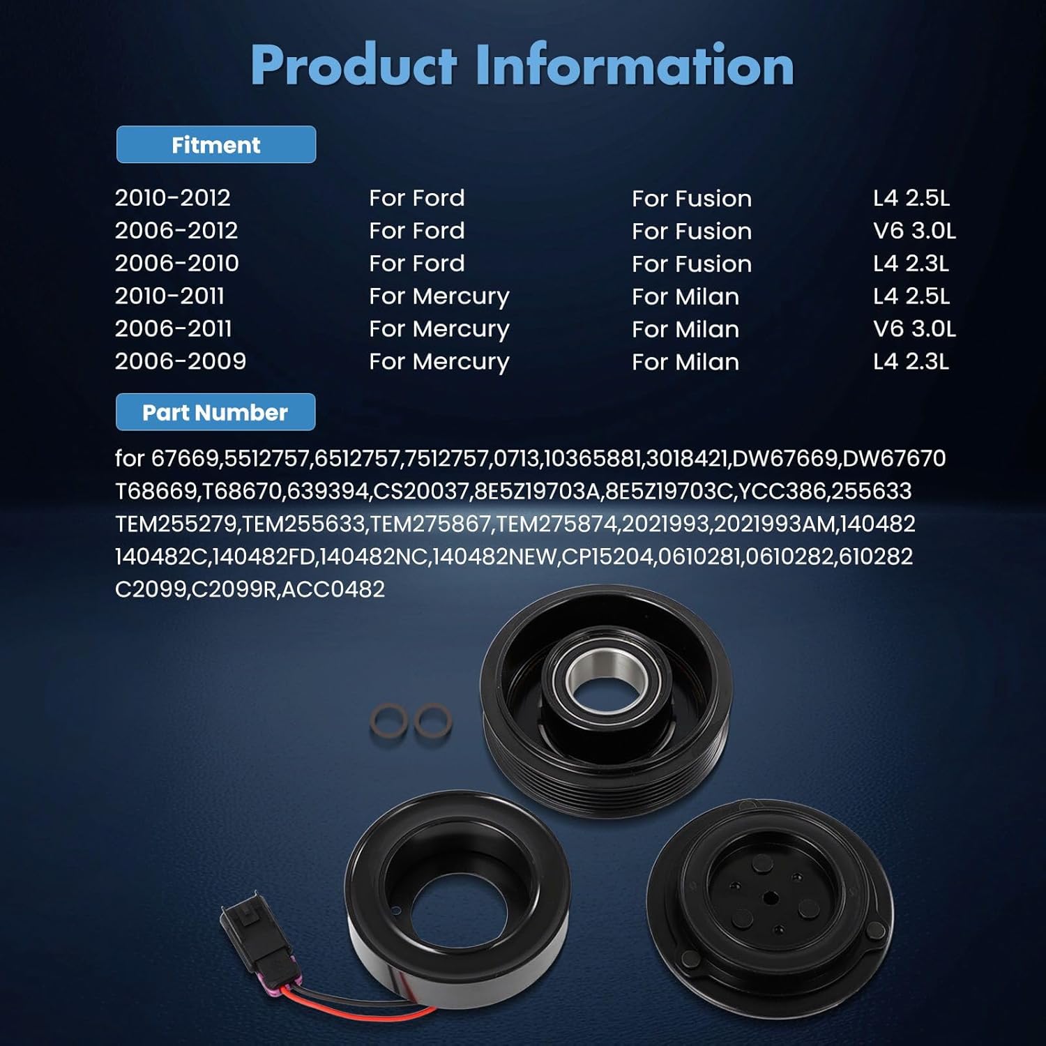 ECCPP A/C Compressor Clutch 2006-2009 for Ford Fusion 2.3L 2006-2011 for Mercury Milan 3.0L AC Clutch