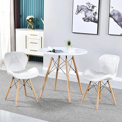 Dream Furnishing -Set of 1 White Round Table and 2 Chairs Faux Leather White Chair for Cafe, Office, Hotel, Home, Living Room, Dining Room, Bed Room (White)