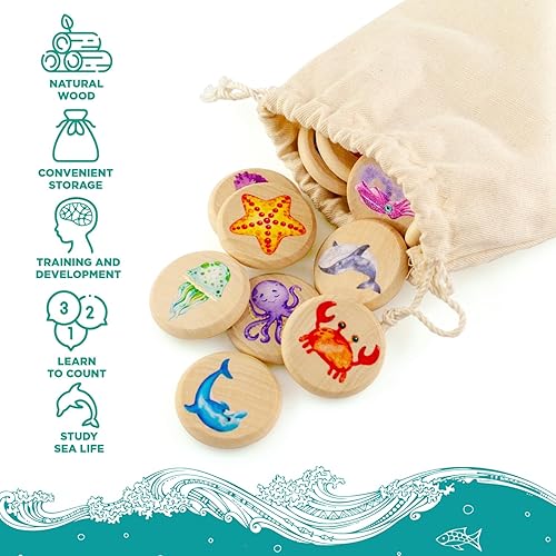 Miniatura 4 de Ulanik Juego de memoria a juego de criaturas marinas para niños de 3 años en adelante, juegos de mesa de madera para niños de 4 a 8 años, juguetes