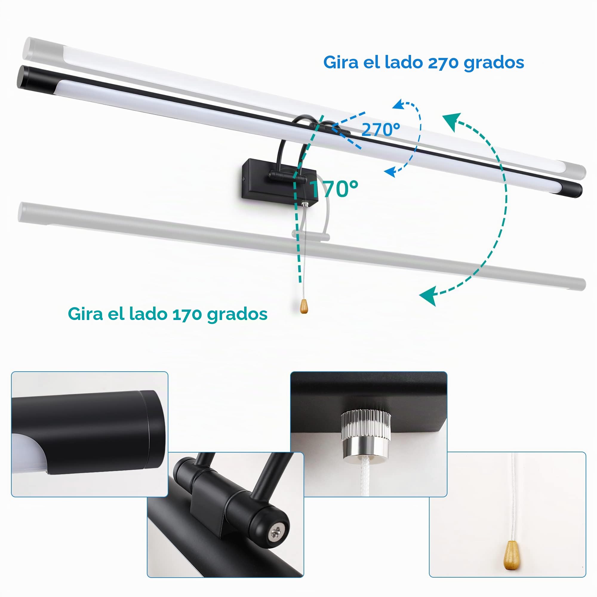 MantoLite LED Lámparas de Pared 16W,Interior Iluminación para cuadros y expositores Con Cabeza de Lámpara Giratoria e Interruptor,Baño Espejo Apliques de Pared 90CM 3000K Luces de Lectura(Negro)