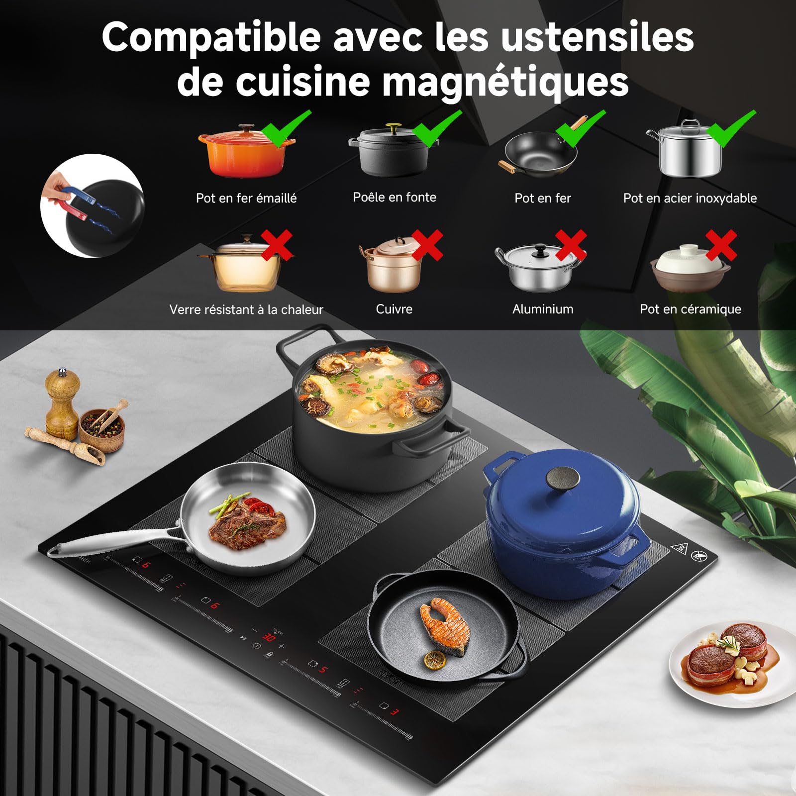 AMZCHEF Plaque Induction 4 Feux avec Deux Zones Flexibles, Plaque de Cuisson Induction 4 Zones avec Fonctionnement Silencieux (42dB), 9 Niveaux et Booster, Barbecue, Pause et Maintien au Chaud, 7400W