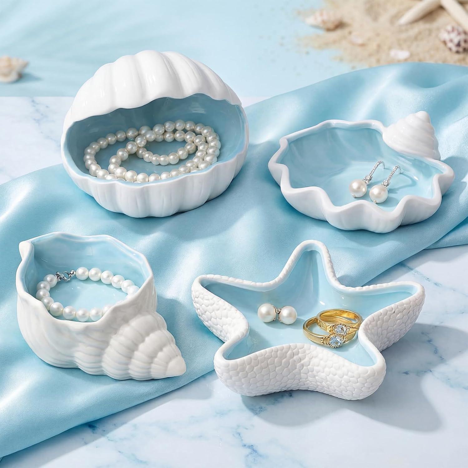 Kigeli 4 Pcs Ceramic Jewelry Tray Set Ocean Shell Trinket Dish for Ring, Earring, Necklace, Watch, and Keys Bracelet Holder