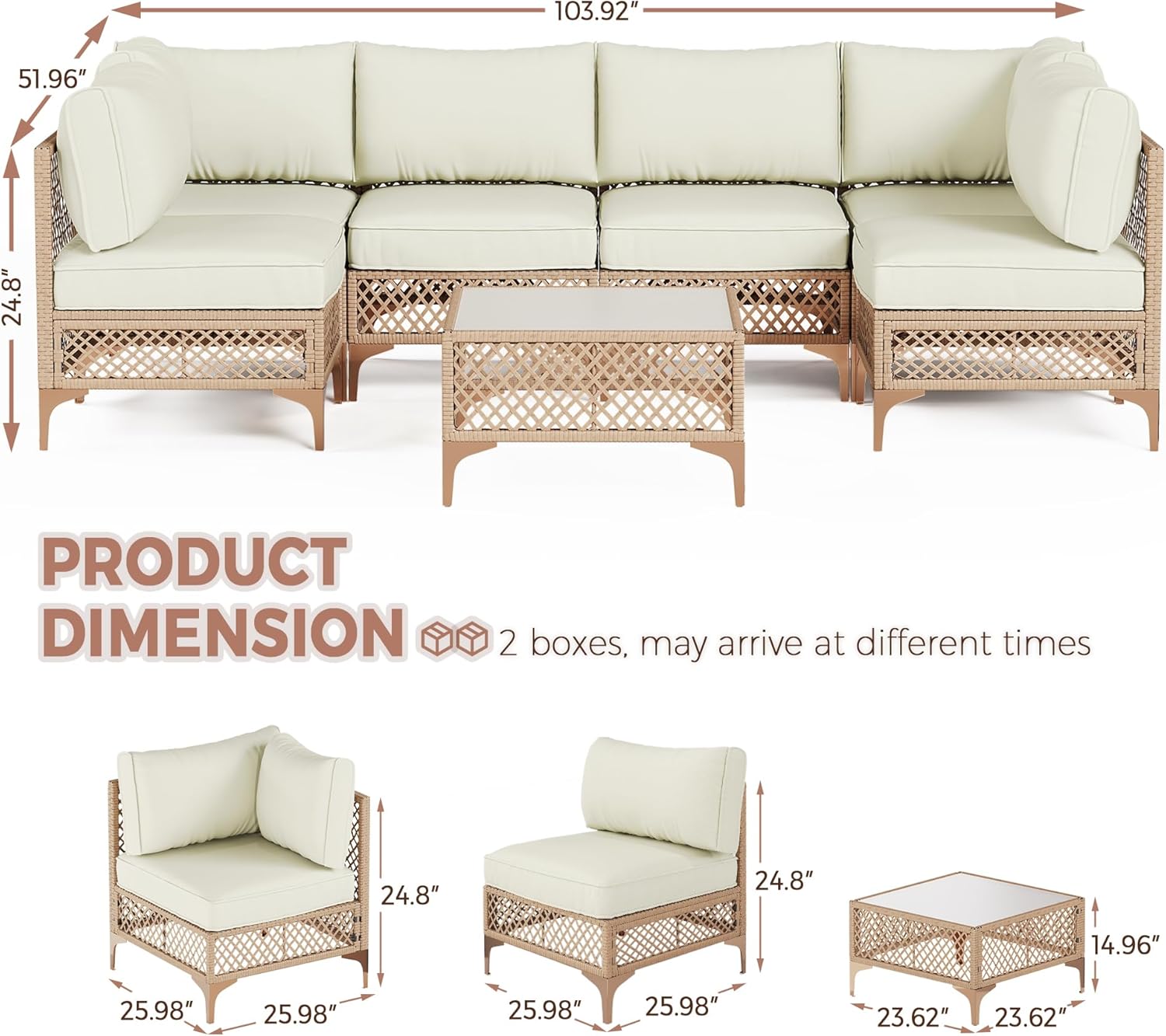 7-Piece Generous Patio Furniture Set, Wicker Outdoor Sectional Set with Large Tempered Glass Coffee Table, Boho Patio Conversation Couch Set with Thickened and Enlarged Cushion and Throw Cushion