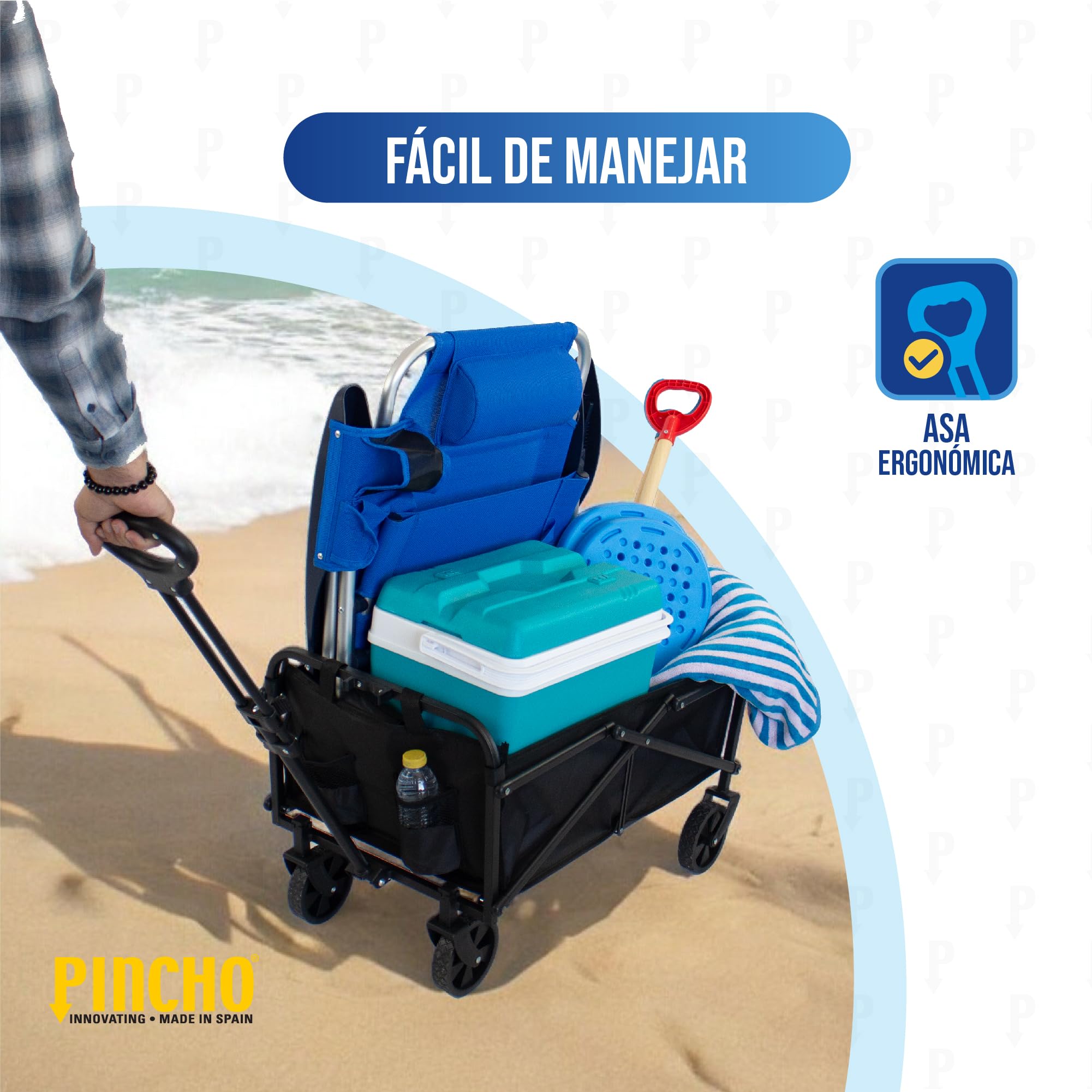 Carro Playa Plegable - PINCHO - Carrito De Playa Plegable, Carro Transporte Plegable con Asa Telescópica, Carretilla Plegable con Ruedas y Frenos - 4 Ruedas, Carga 50 kg, Plegado Compacto, Bolsillo