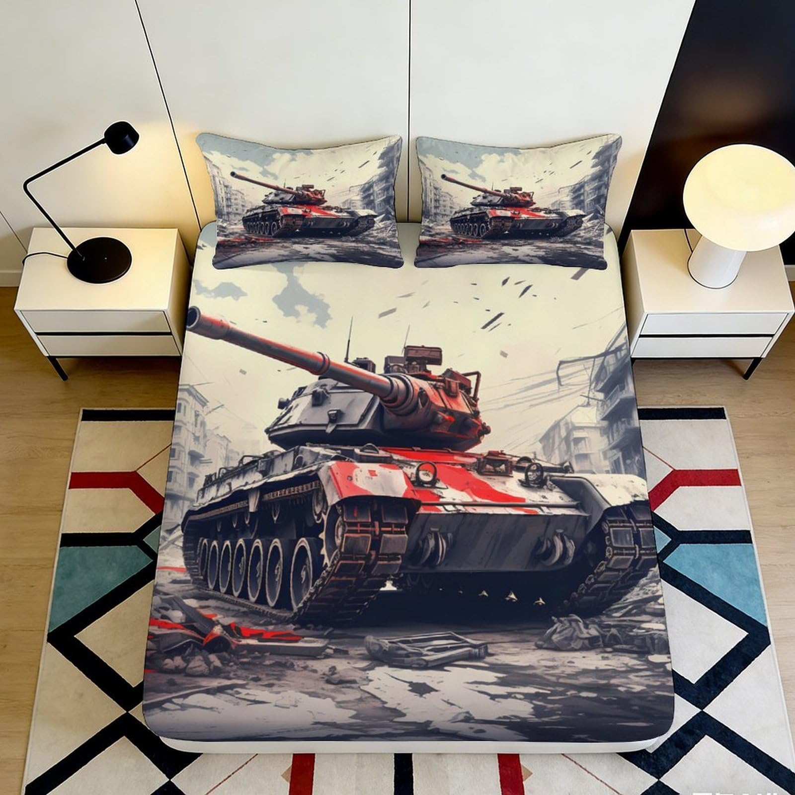 3D Printed Tank Pattern Fitted Sheet Microfiber Deep Pocket Non-Slip Bedroom Bedding Tank Mattress Fitted Cover Washable 160x200x25cm