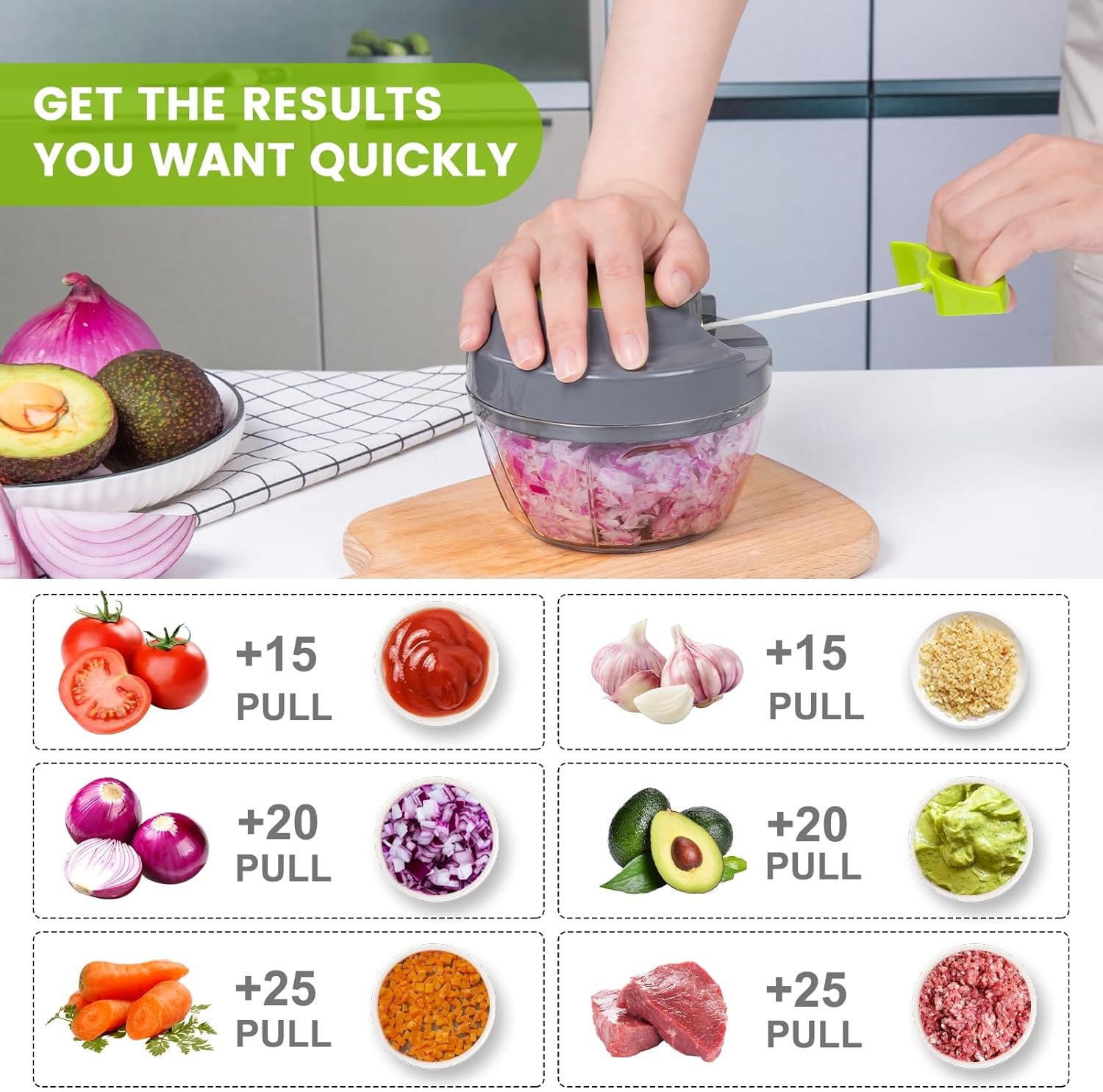 Manual Food Processor & Vegetable Chopper, Hand Pull String Garlic Mincer Onion Chopper Dicer for Salsa Pesto Guacamole, 3 Stainless Steel Blades, 500ml Grey