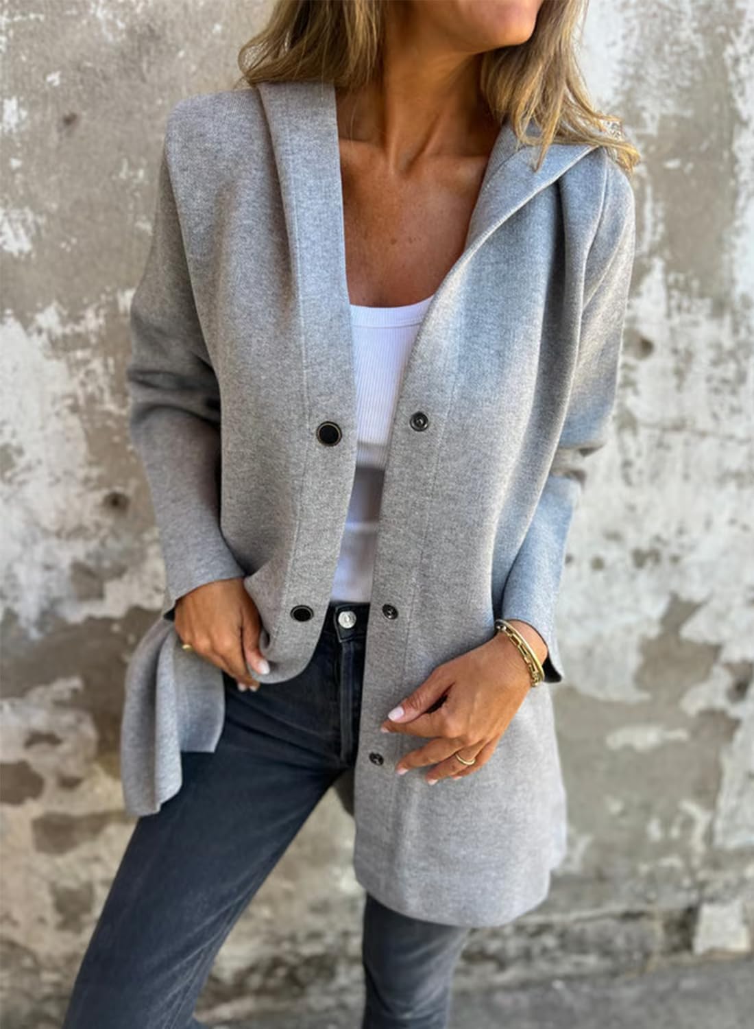 RJDJ Casual Single Breasted Hooded Jacket, Mid-Long Lightweight Long Sleeve Button Up Open Front Trench Coat with Pockets