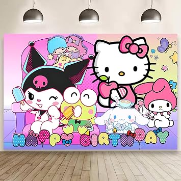 Kawaii And Friends Birthday Decorations Happy Birthday Banner Backdrop for Kids Birthday Party Supplies 5x3ft