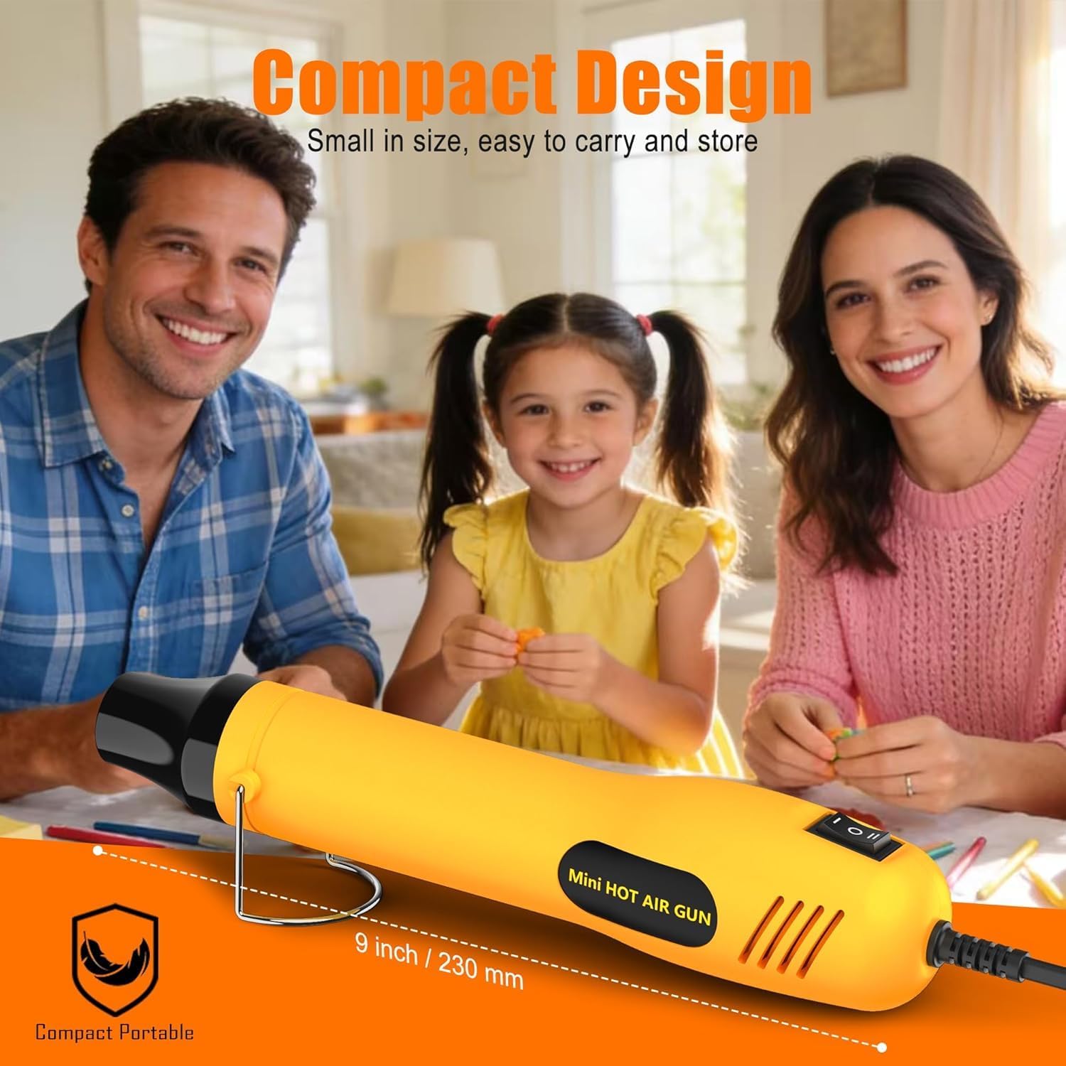350W Mini Heat Gun, 260℃/450℃ Dual Temp Fast Heat Hot Air Gun with Overload Protection, Reflector Nozzle and Double Insulated 1.5m Cable for Heat Shrink Tubing, Crafts, Embossing (Yellow)