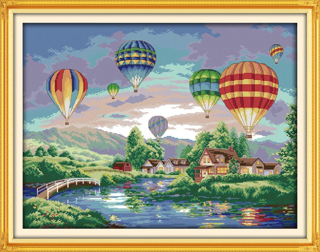 Happy Forever Cross Stitch Kits 11CT Stamped Patterns for Kids and Adults, Preprinted Embroidery kit for Beginner, Scenery View and Landscape (F139 Colorful Balloons, Size 26''x21'')