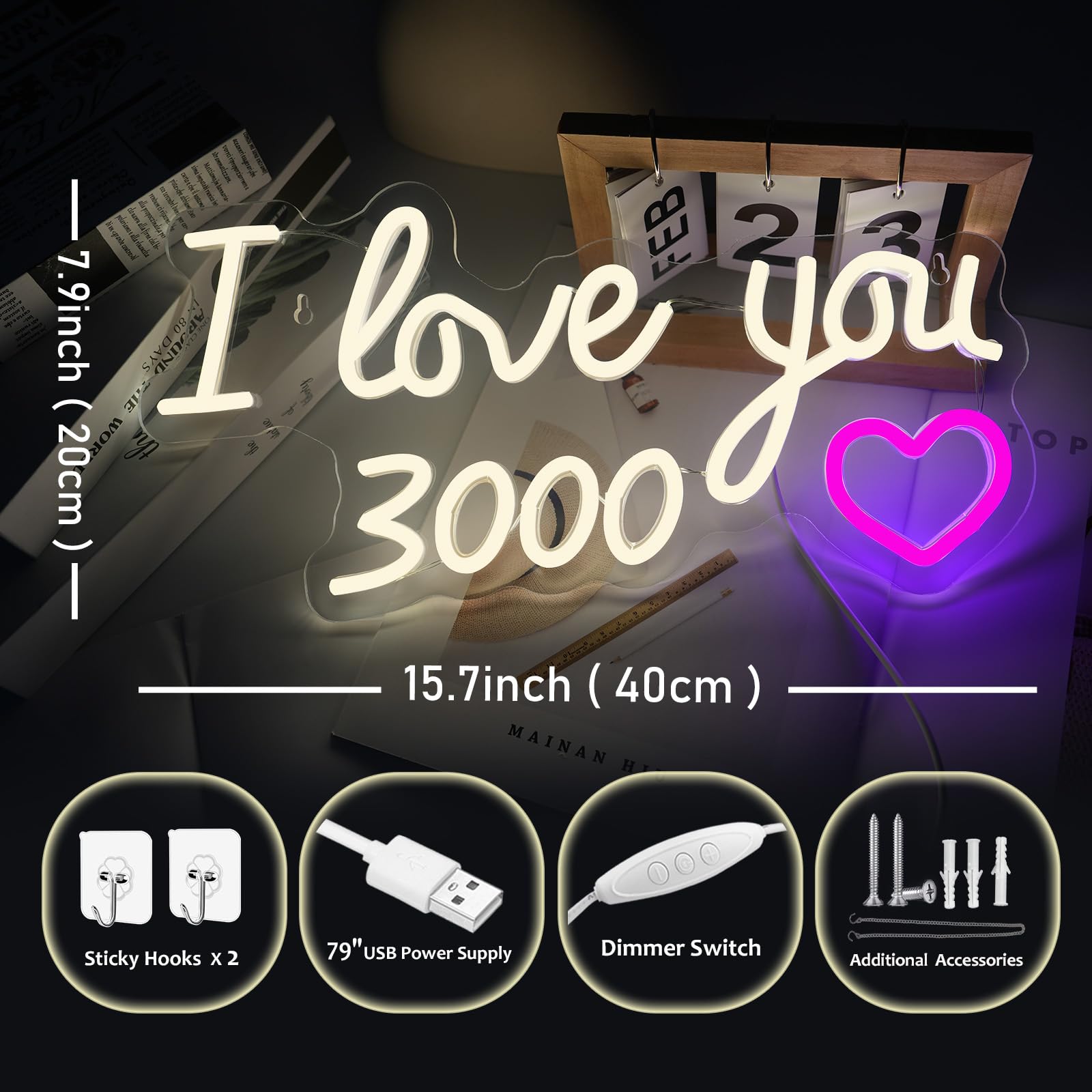 Neonowe znaki 3000 'I Love You' do dekoracji ścian, różowe znaki LED na ścianę sypialni, ściemniane lampki ścienne LED USB, neonowe znaki, zestawy upominkowe dla kobiet do pokoju dziewczęcego, różowa
