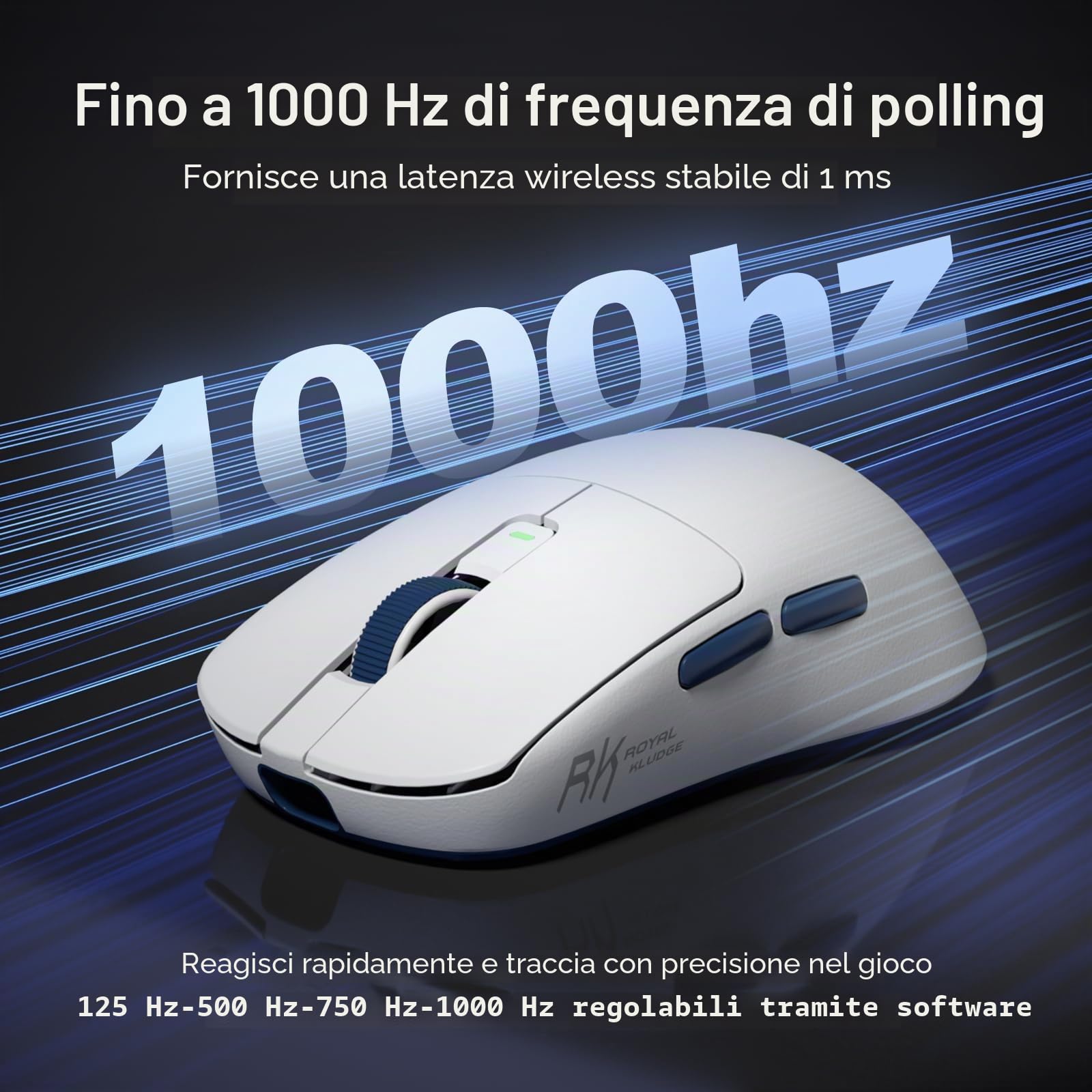 RK ROYAL KLUDGE M30 Mouse Gaming Wireless, 12K DPI, 43g Ultraleggero, BT5.1/2.4G/USB-C, Mouse Ergonomico con Sensore PAW3311, Batteria Ricaricabile 250mAh, 5 Pulsanti Programmabili per PC/Mac, Bianco
