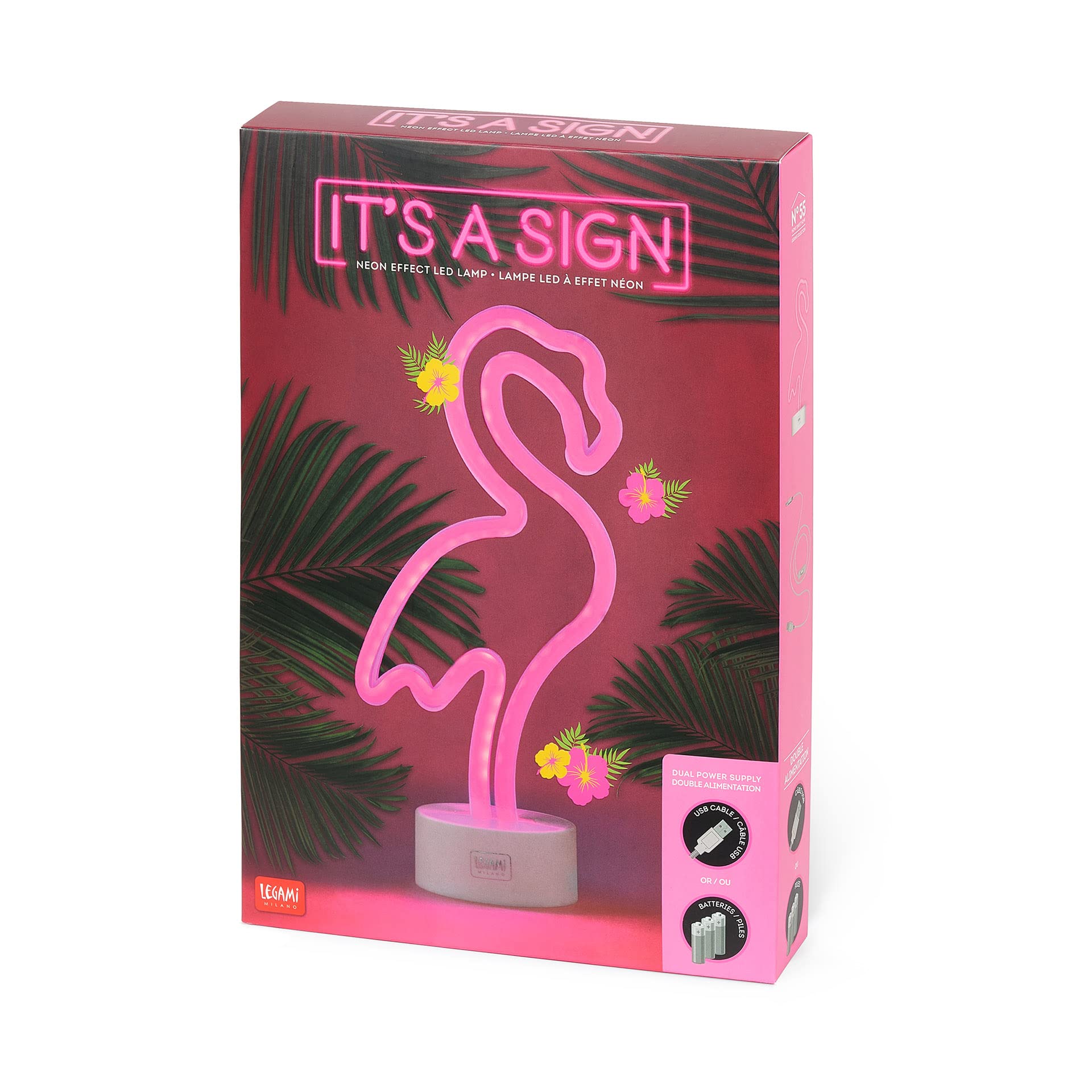 Legami Lampa LED z efektem neonowym, znak H, 32,5 cm, motyw flamingo, podwójne zasilanie, kabel USB (w zestawie) lub baterie (nie wchodzą w zakres dostawy), lampa stołowa, wielokolorowe światło