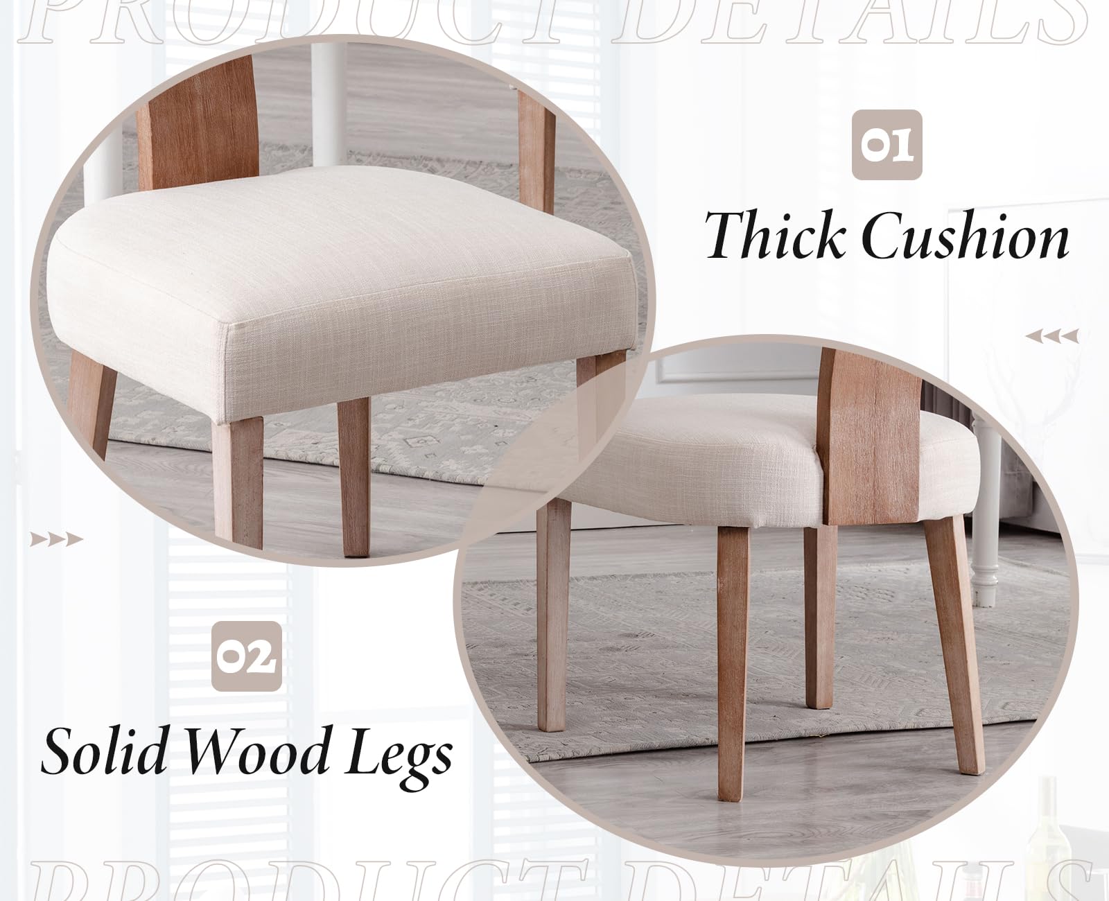 Ya-Home Juego de 2 Silla de Comedor Silla Cocina Marco de Madera,Beige | Asiento Tapizado de Lino, Patas de Madera Antideslizante, Respaldo Curvo, 15cm Cojin Grueso, para Hogar/Restaurante