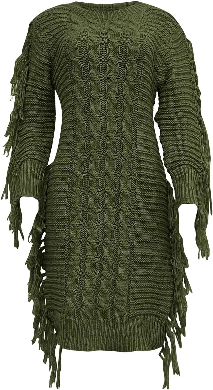 Women Knit Swing Dress,Long Sleeve Crew Neck Belted Wedding Dresses
