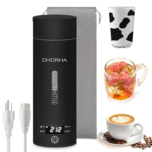 CHORHA Portable Electric Kettle Travel Tea Coffee Portable Kettle, 500ML with 4 Variable Presets, Hot Water Boiler 304 Stainless Steel with Auto Shut-Off & Boil Dry Protection