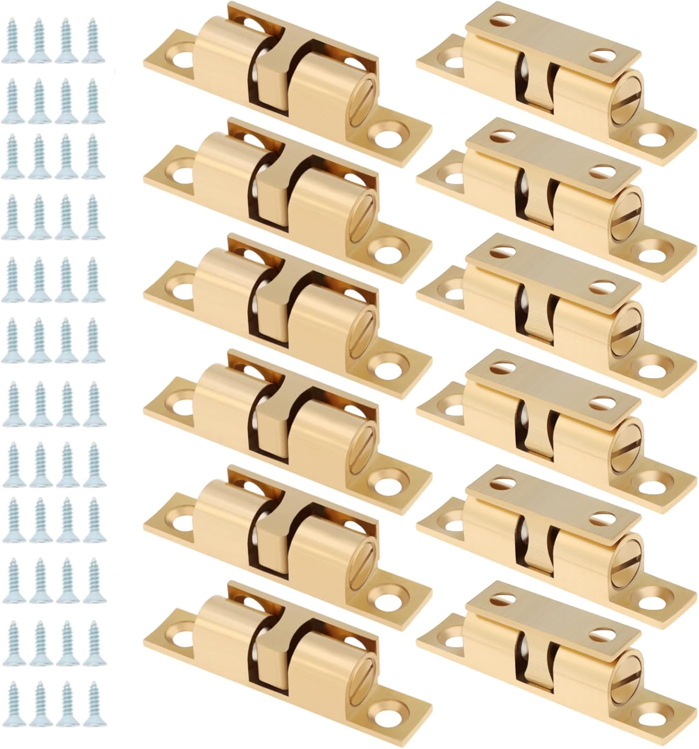 12Pcs Double Ball Tension Roller Catch Latch, 48mm Solid Brass Door Catches Hardware with Screws, Adjustable Tension Latches for Cupboard Closet Cabinet Furniture Door (Gold, 48mm)