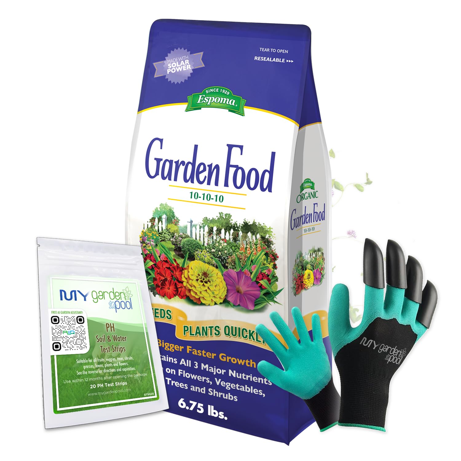 Espoma GF10 Garden Food 10-10-10; 6.75 lb. with My Garden Pool PH Soil Test Strips 20 ct, and My Garden Pool Superior Gardening Claw Gloves and Garden-IQ, Smart Gardening AI Assistant!
