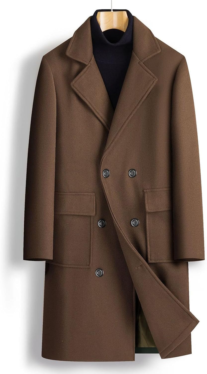 Overcoat Trench Coat Men Double Breasted Warm Woolen Cloth Jacket Long Coat Thickened Notch Lapel Outdoor Trench Coat