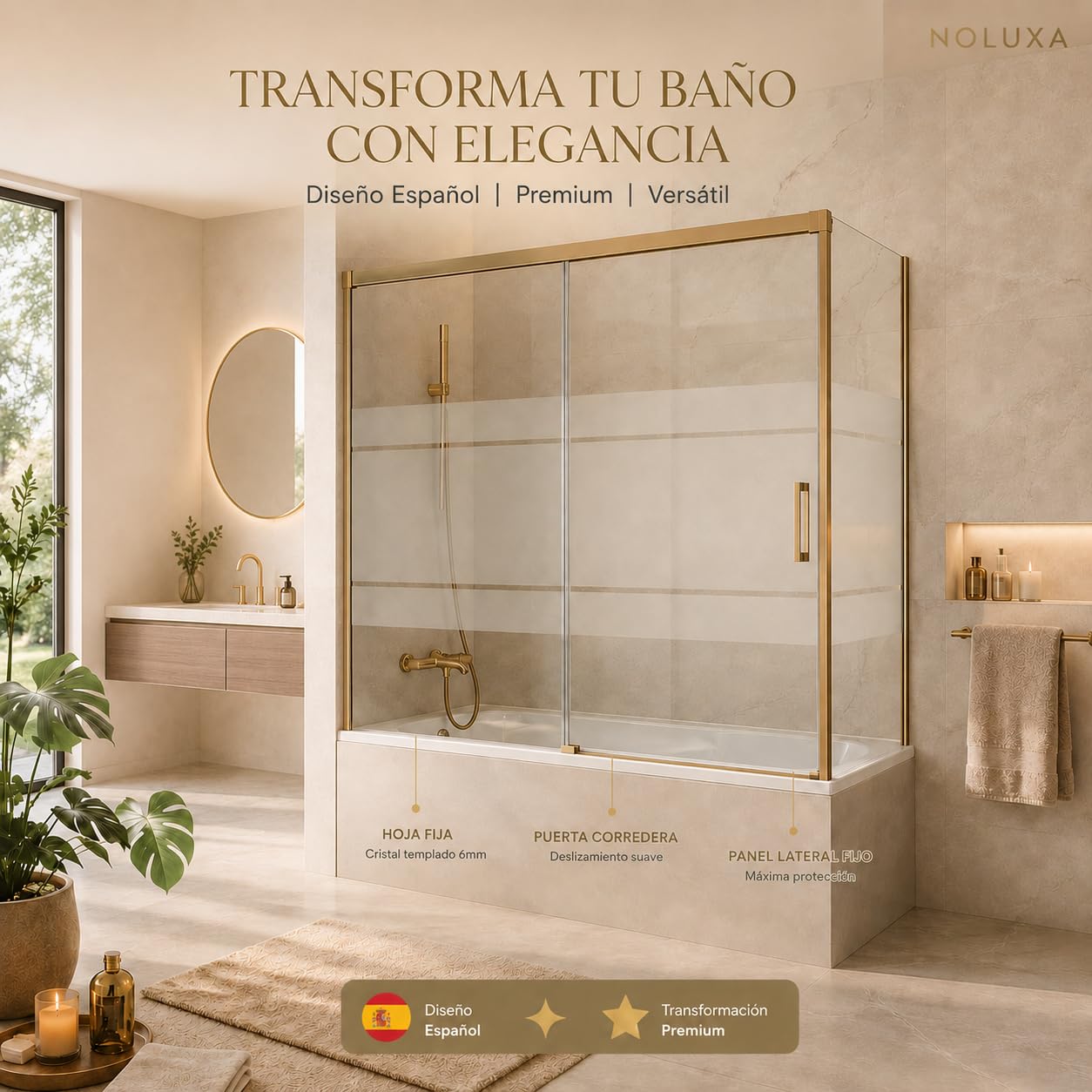 GME - Mampara Ducha Frontal Bañera 145cm 1 Fija + 1 Corredera + 70cm Panel Lateral Fijo Blanco | Mampara de Cristal Reversible y Serigrafiado 6mm con Ancho Adaptable y 150cm de Altura