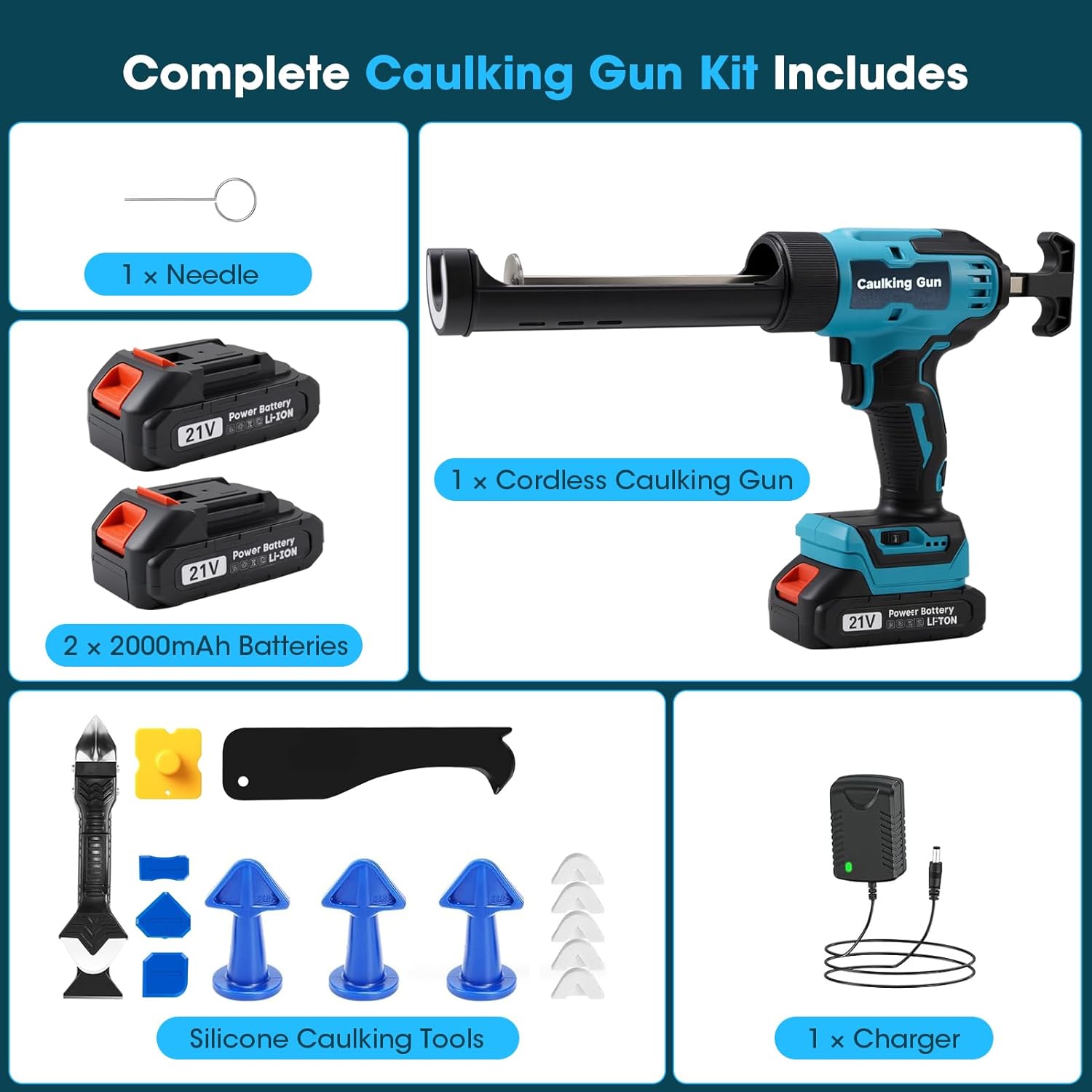21V Cordless Electric Caulking Gun with Digital Display, 6 Speeds, Auto Retract & LED Light – Battery Powered Drip-Free Caulk Gun with 2×2.0Ah Batteries,14 Pcs Tools,10oz/300ml for Filling & Sealing