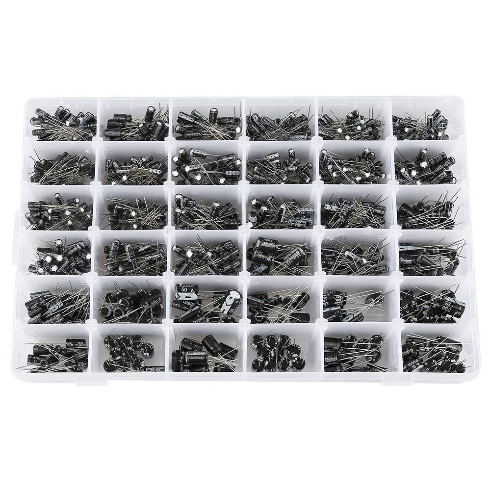 Electrolytic Capacitors, 1000Pcs 36 Values General Purpose Assortment Kit with Storage Box Range 10V~50V 0.1uF to 1000uF