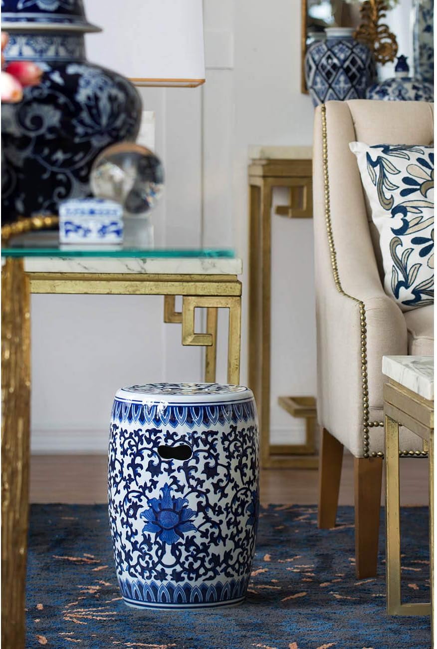 A & B Home Blue and White Asian Style Stool Indoor Multi Purpose Versatile Design Sturdy Glazed Porcelain Finish 11" x 11" x 16"