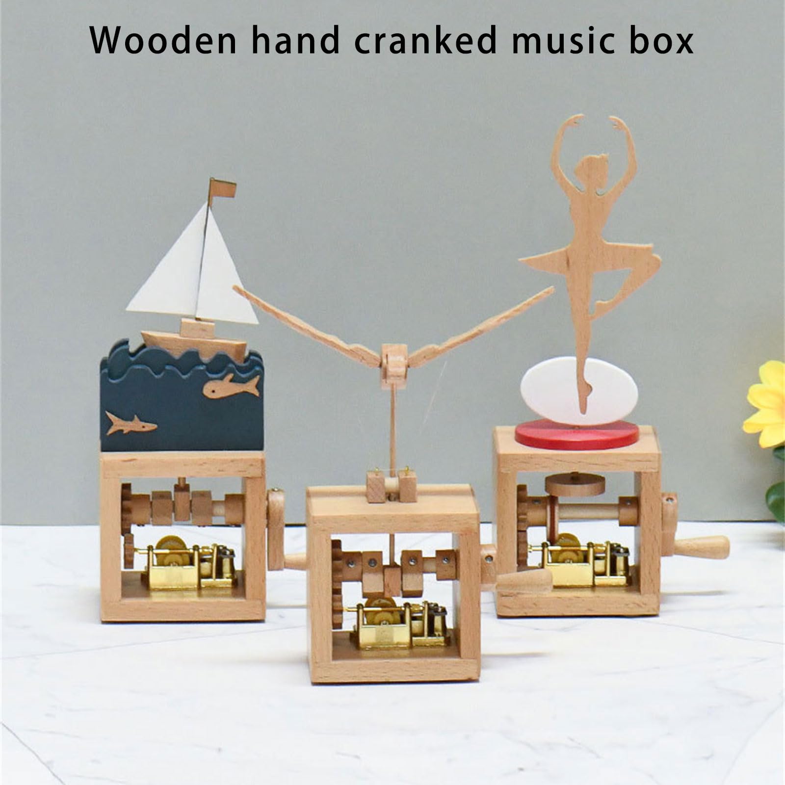 Caja de música de madera de manivela con figura de animal de dibujos animados de bailarina clásica, adorno musical para decoración del hogar, caja de música coleccionable