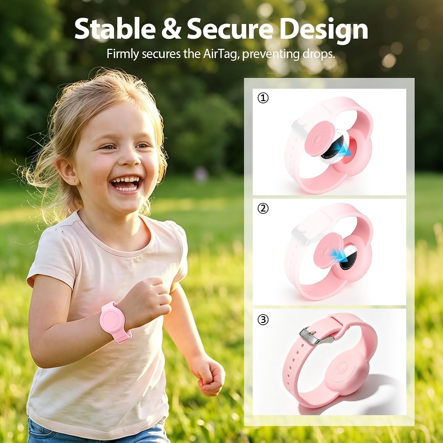 1|2 Pack Bracelet for AirTag 2nd Gen (2026) & 1st for Kids, Waterproof for air tagholder with Soft Silicone Anti-Lost Hidden Wristband Accessories Watch Band for Child, Light Pink