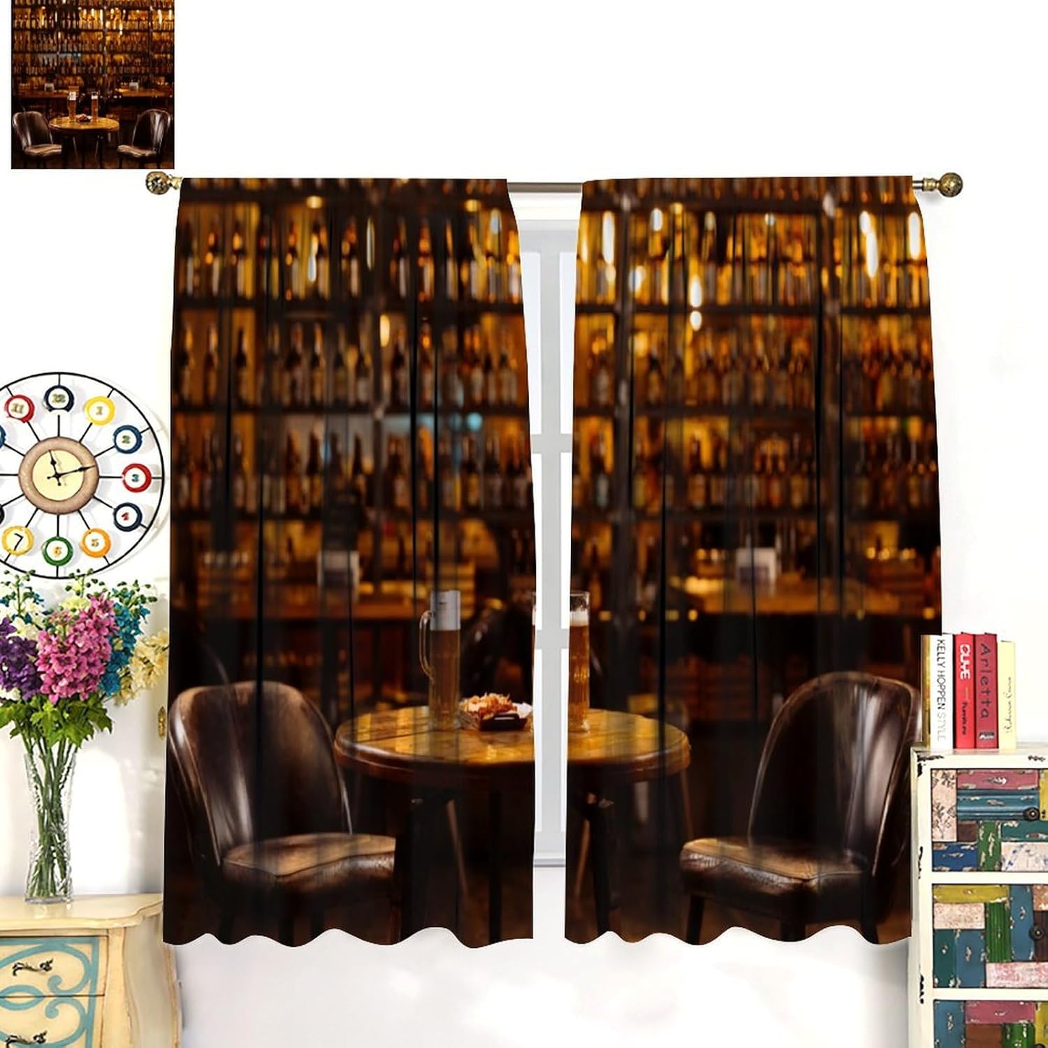 Bar Curtain,Retro Rustic Country Beer on The Table Wine Counter Cloth Farbic Window Treatment Curtains for Bedroom Cafe Dining Room Office Living Room Kitchen Drapes, 42x45 in