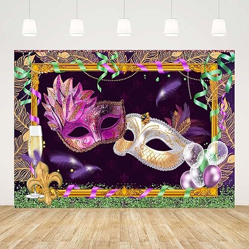 Telones de fondo de Mardi Gras de 7 x 5 pies para fotografía, decoraciones de fiesta de máscaras, máscaras moradas y blancas, fondo de fotografía de