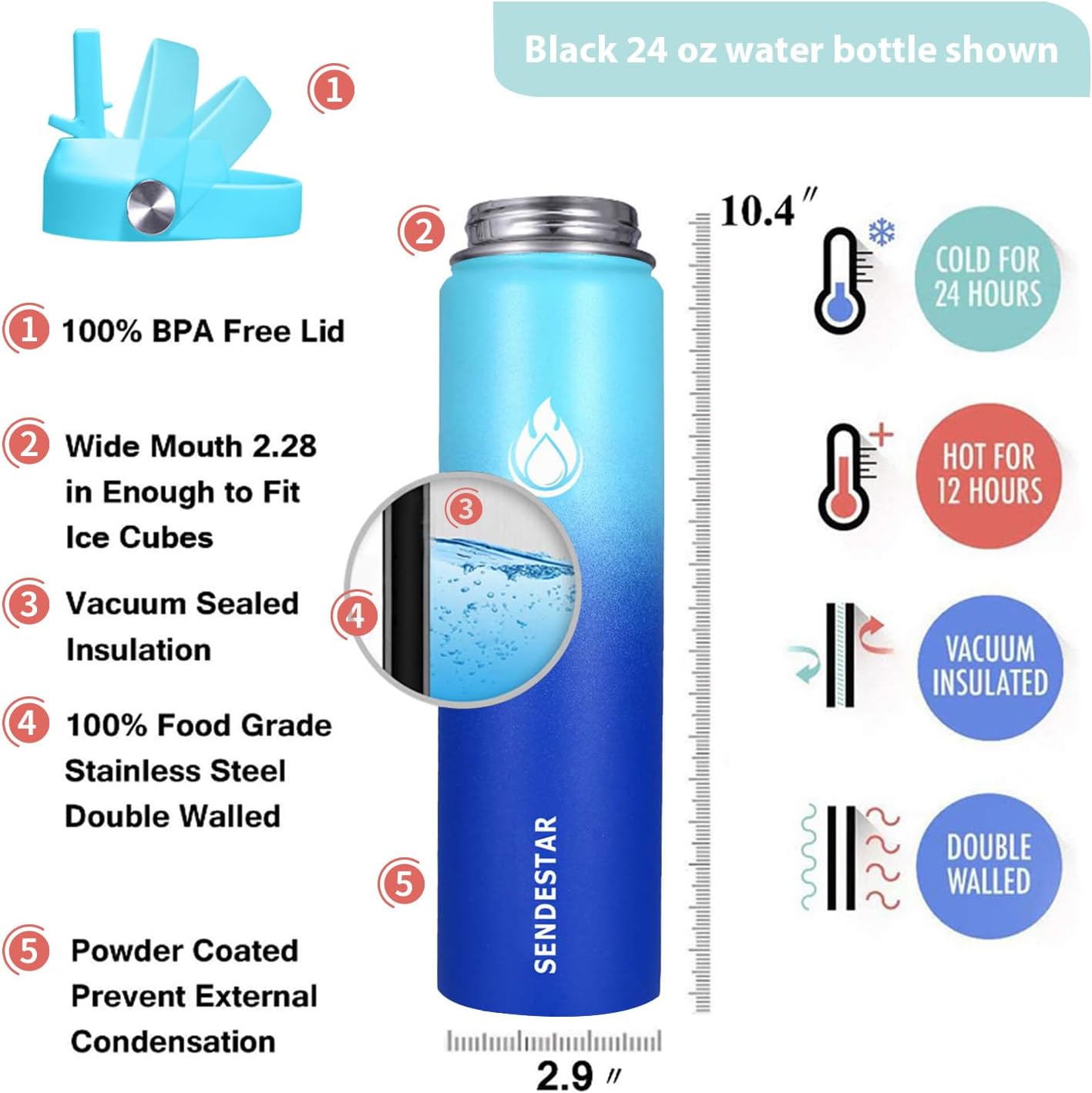 SENDESTAR Stainless Steel Wide Mouth Water Bottle 24oz Double Wall Vacuum Insulated Leak Proof Bottle with New Flex Straw Lid & Spout Lid XIN-MC-0750-1 - Image 4